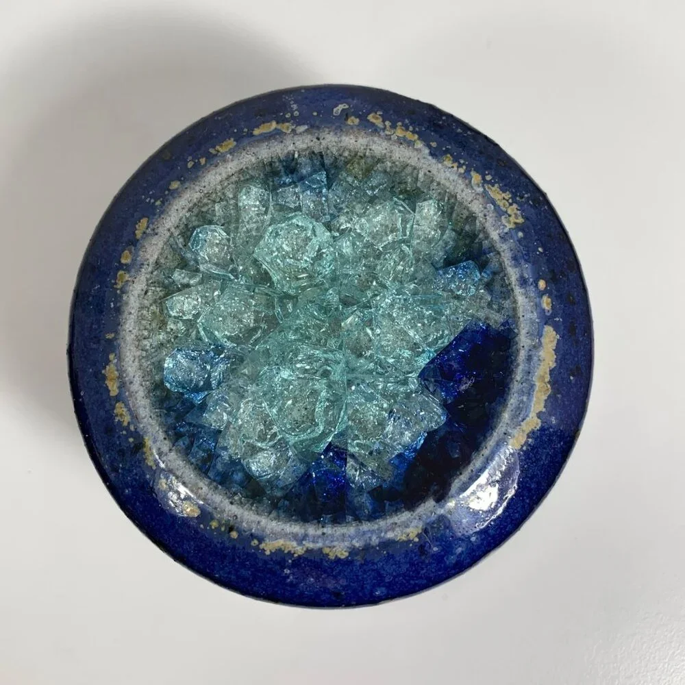 Salterra Spice Shaker Blue Ceramic Pottery w/ Geode Crackle Glass